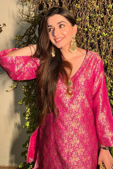 Shop Minime Organics Pink Brocade, Cotton Woven Kurta Set Online at Aza Fashions Shop_Minime Organics_Pink Brocade, Cotton Woven Kurta Set_Online_at_Aza_Fashions