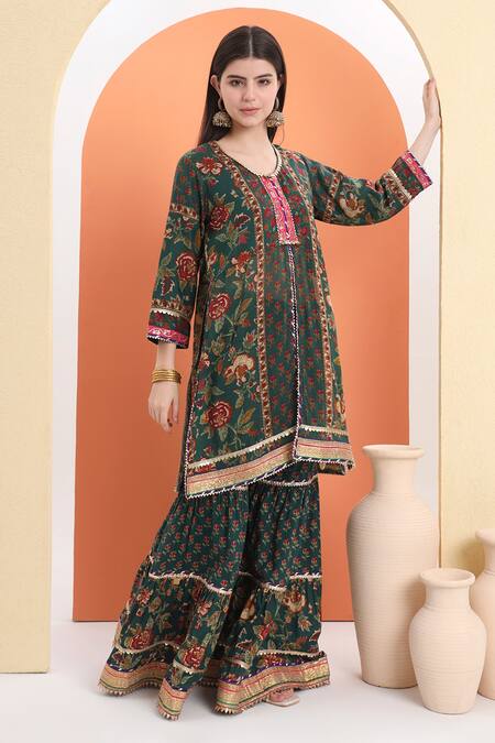 Minime Organics_Green Cotton Embroidery Bottle Printed Kurta Set _Online_at_Aza_Fashions
