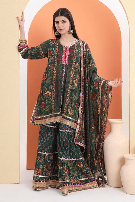 Shop_Minime Organics_Green Cotton Embroidery Bottle Printed Kurta Set _Online_at_Aza_Fashions