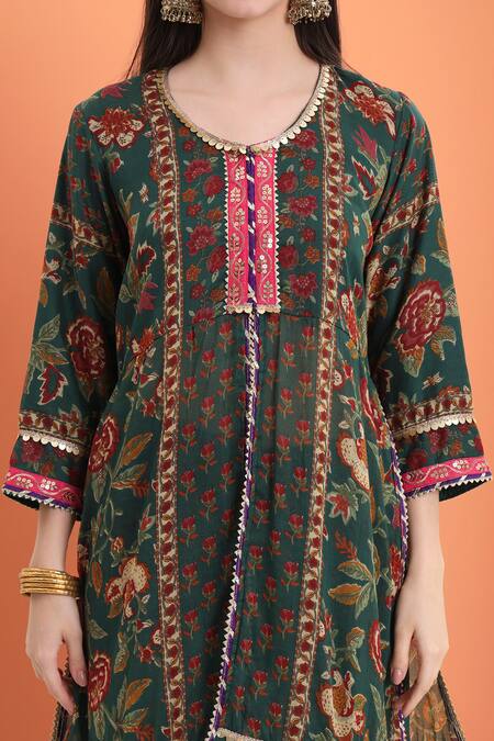 Minime Organics_Green Cotton Embroidery Bottle Printed Kurta Set _at_Aza_Fashions