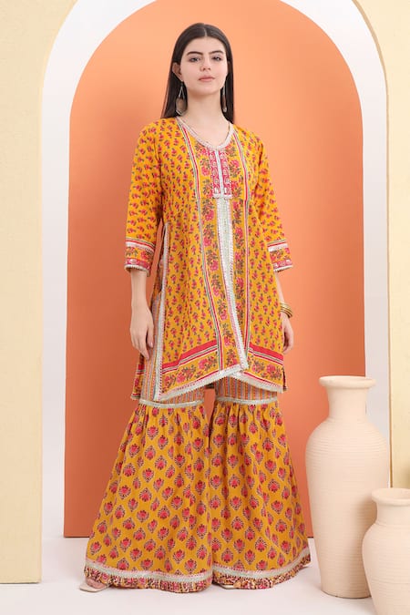 Minime Organics_Yellow Cotton Embroidery Orange Printed Kurta Set _Online_at_Aza_Fashions