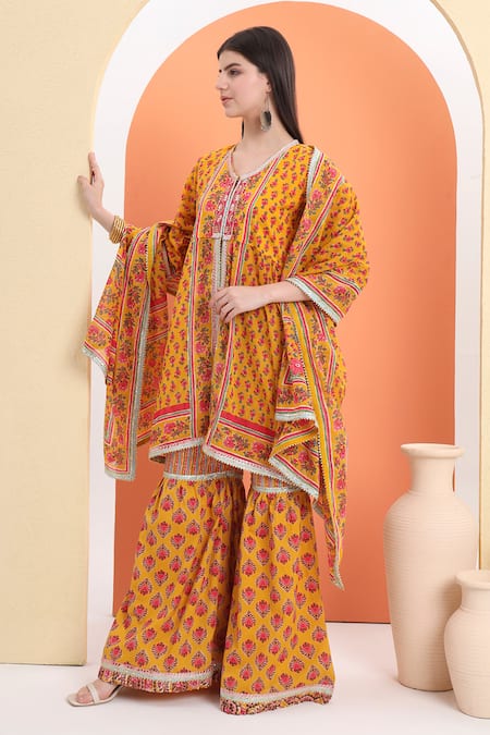 Minime Organics_Yellow Cotton Embroidery Orange Printed Kurta Set _at_Aza_Fashions