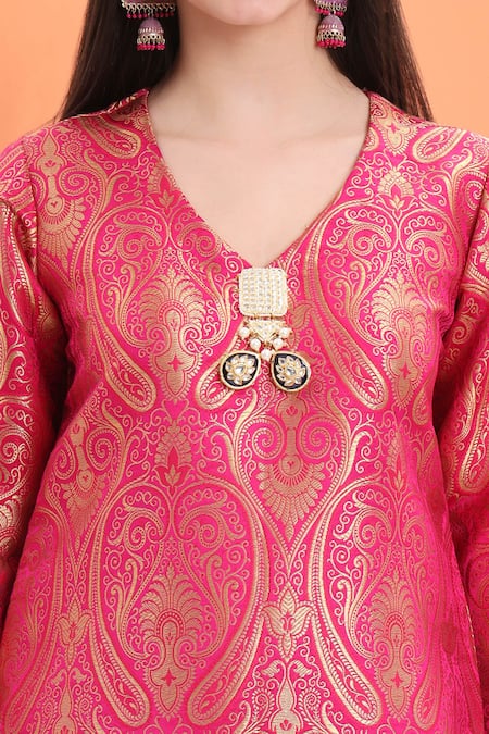 Minime Organics_Pink Brocade Embroidery Designer Woven Kurta Set _Online_at_Aza_Fashions