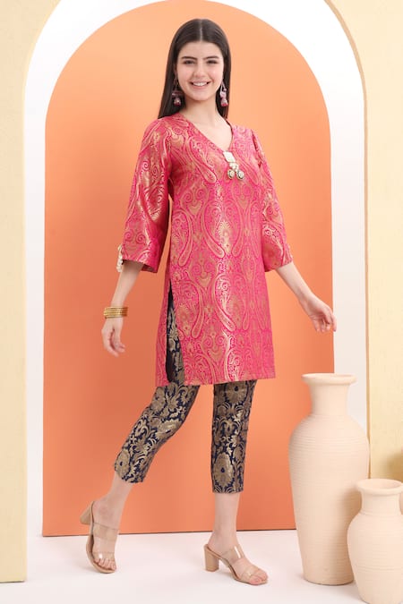 Buy_Minime Organics_Pink Brocade Embroidery Designer Woven Kurta Set _Online_at_Aza_Fashions