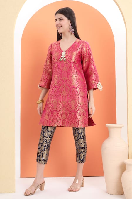 Shop_Minime Organics_Pink Brocade Embroidery Designer Woven Kurta Set _Online_at_Aza_Fashions