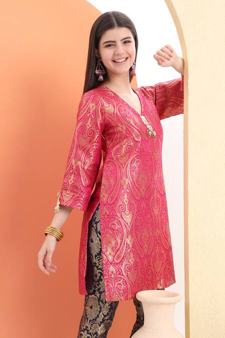 Buy_Minime Organics_Pink Brocade Embroidery Designer Woven Kurta Set 