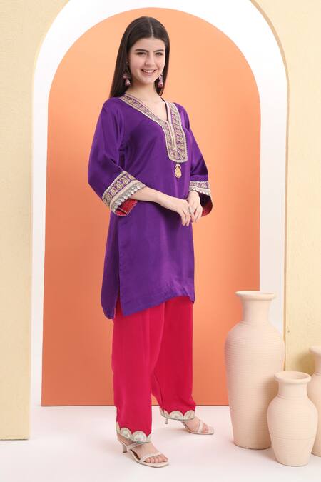 Minime Organics_Purple , Satin And Pink Designer Kurta Set _Online_at_Aza_Fashions