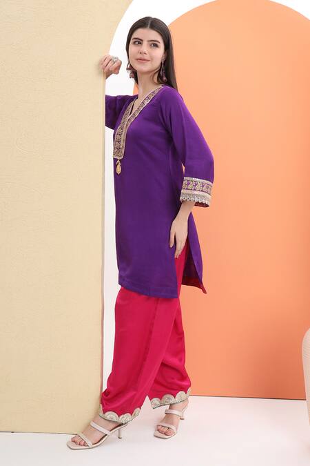 Buy_Minime Organics_Purple , Satin And Pink Designer Kurta Set _Online_at_Aza_Fashions