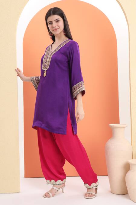 Minime Organics_Purple , Satin And Pink Designer Kurta Set _at_Aza_Fashions