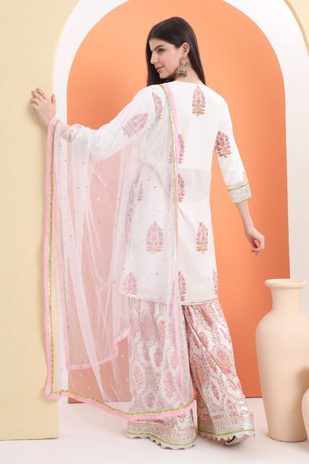 Minime Organics Off White Printed Kurta Sharara Set 
