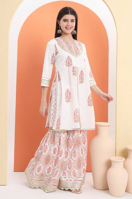 Buy Minime Organics Off White Cotton Embroidery Printed Kurta Sharara Set Online at Aza Fashions Buy_Minime Organics_Off White Cotton Embroidery Printed Kurta Sharara Set _Online_at_Aza_Fashions
