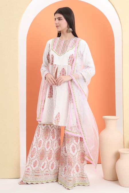 Shop Minime Organics Off White Cotton Embroidery Printed Kurta Sharara Set Online at Aza Fashions Shop_Minime Organics_Off White Cotton Embroidery Printed Kurta Sharara Set _Online_at_Aza_Fashions