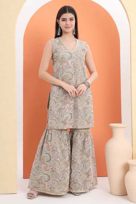 MINIME ORGANICS Green Georgette Embroidery Pista Kurta Set 