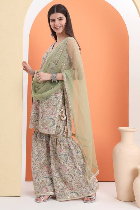 Minime Organics_Green Georgette Embroidery Pista Kurta Set _at_Aza_Fashions