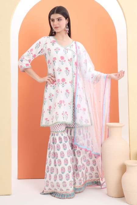 MINIME ORGANICS Off White Cotton Sequins Floral Print Kurta Set 