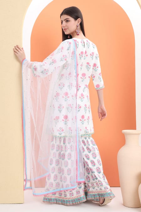 Minime Organics Off White Floral Print Kurta Set 