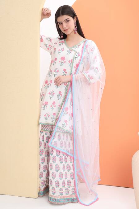 Shop Minime Organics Off White Cotton Sequins Floral Print Kurta Set Online at Aza Fashions Shop_Minime Organics_Off White Cotton Sequins Floral Print Kurta Set _Online_at_Aza_Fashions