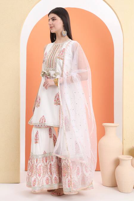 Minime Organics_Off White Cotton Embroidery Printed Kurta Sharara Set_Online_at_Aza_Fashions