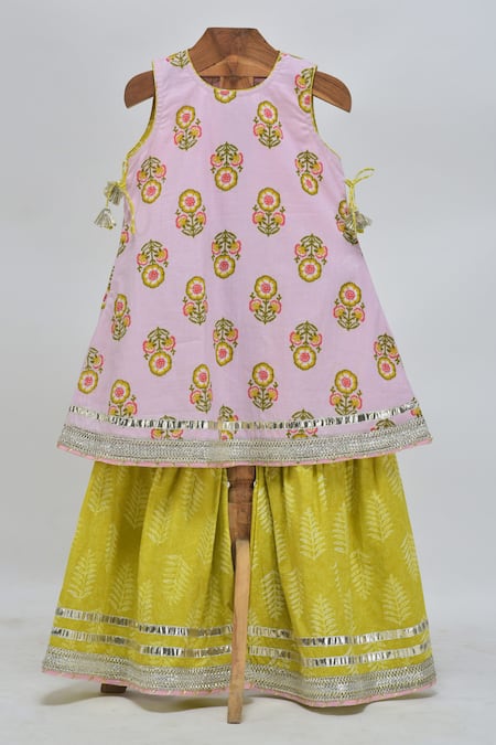 MINIME ORGANICS Floral Print Baby Pink Kurta Set 