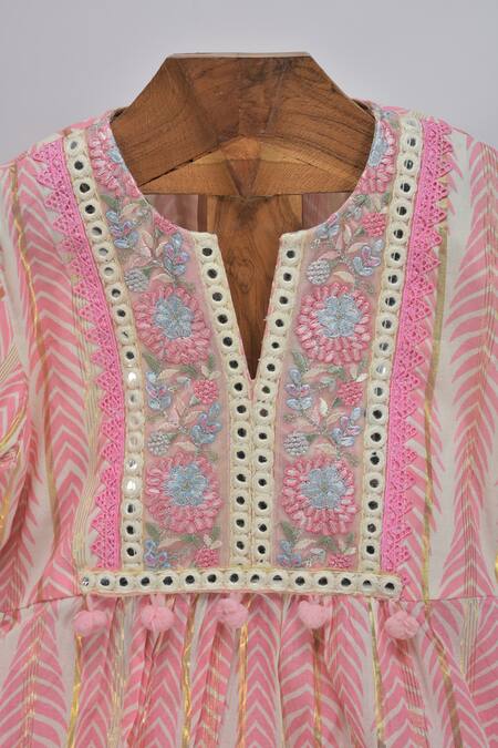 Buy_Minime Organics_Pink Cotton Embroidery, Lace, Pom-poms Printed Kurta Set With Sharara _Online_at_Aza_Fashions