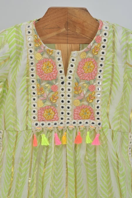 Buy_Minime Organics_Green Cotton Tassels, Embroidery Light Printed Kurta Sharara Set _Online_at_Aza_Fashions