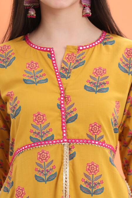 Shop_Minime Organics_Yellow Cotton Embroidery, Sequins Printed Kurta Set With Dupatta _Online_at_Aza_Fashions