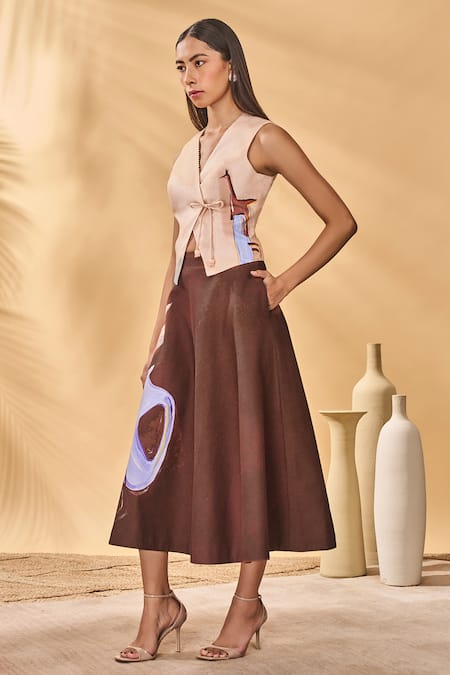 Buy_Masaba_Peach Linen V-neck Hidden Within Swing Skirt Set _Online_at_Aza_Fashions