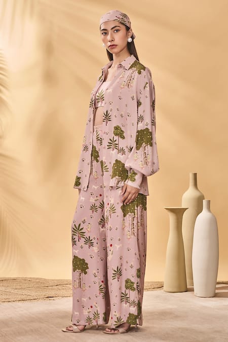 Shop Masaba Pink Crepe, Cotton, Linen Collared Pirouette Picnic Set Online at Aza Fashions Shop_Masaba_Pink Crepe, Cotton, Linen Collared Pirouette Picnic Set _Online_at_Aza_Fashions
