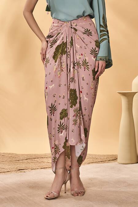 Shop_Masaba_Blue Crepe, Silk Embroidery Asymmetric And Pink Trellis Picnic Set _Online_at_Aza_Fashions