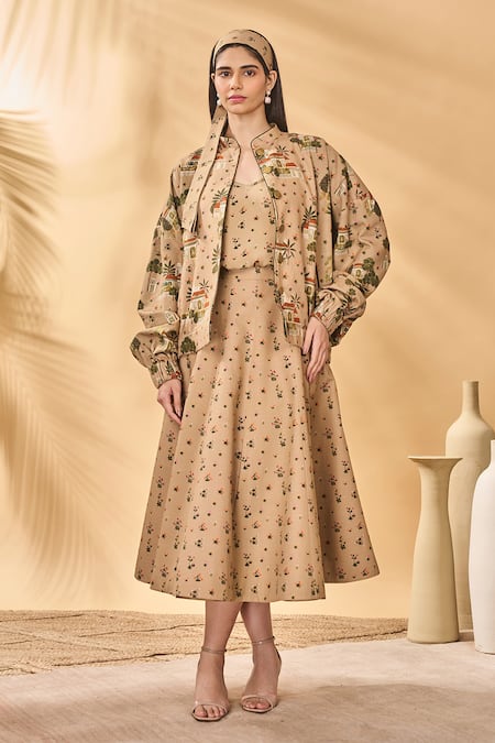 Masaba Beige Cotton, Linen, Crepe, Silk Embroidery Miniature Dreams Bomber Jacket Set 