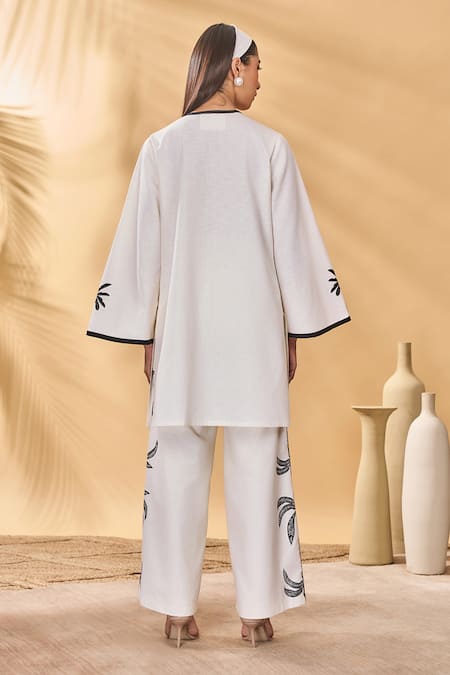 Shop Masaba Ivory Cotton, Linen Embroidery Round Neck Trellis Palm Trouser Set at Aza Fashions Shop_Masaba_Ivory Cotton, Linen Embroidery Round Neck Trellis Palm Trouser Set _at_Aza_Fashions