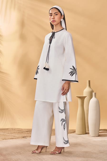 Shop Masaba Ivory Cotton, Linen Embroidery Round Neck Trellis Palm Trouser Set Online at Aza Fashions Shop_Masaba_Ivory Cotton, Linen Embroidery Round Neck Trellis Palm Trouser Set _Online_at_Aza_Fashions
