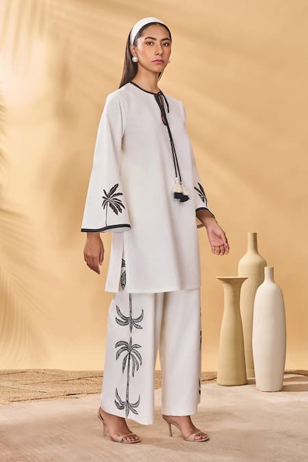 Masaba Ivory Cotton, Linen Embroidery Round Neck Trellis Palm Trouser Set at Aza Fashions Masaba_Ivory Cotton, Linen Embroidery Round Neck Trellis Palm Trouser Set _at_Aza_Fashions