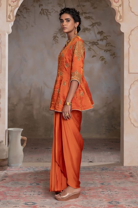 Shop_Adi By Aditya Khandelwl_Orange Silk Zari Split V-neck Burnt Peplum Kurta And Draped Skirt _Online_at_Aza_Fashions