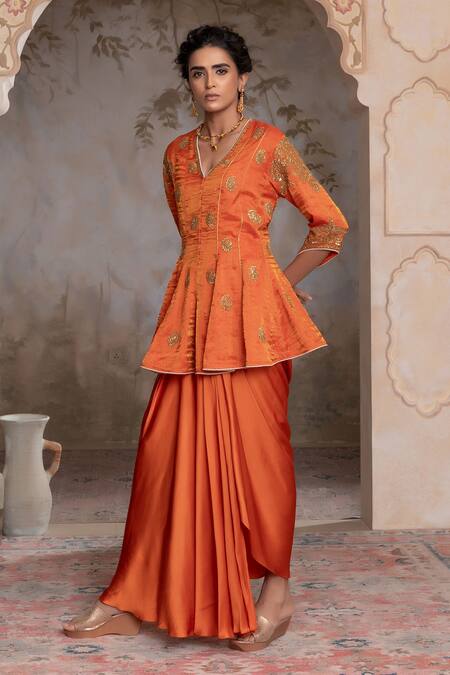 Adi By Aditya Khandelwl_Orange Silk Zari Split V-neck Burnt Peplum Kurta And Draped Skirt _at_Aza_Fashions