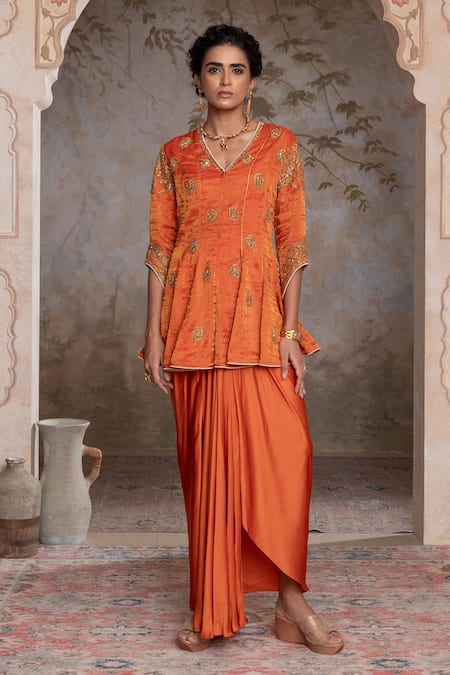 Adi By Aditya Khandelwl Burnt Orange Peplum Kurta & Draped Skirt 