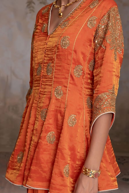Shop_Adi By Aditya Khandelwl_Orange Silk Zari Split V-neck Burnt Peplum Kurta And Draped Skirt 