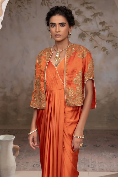 Buy Adi By Aditya Khandelwl Orange Silk, Satin Zari, Embroidery V-, Open Burnt Hand Kurta Set Online at Aza Fashions Buy_Adi By Aditya Khandelwl_Orange Silk, Satin Zari, Embroidery V-, Open Burnt Hand Kurta Set _Online_at_Aza_Fashions
