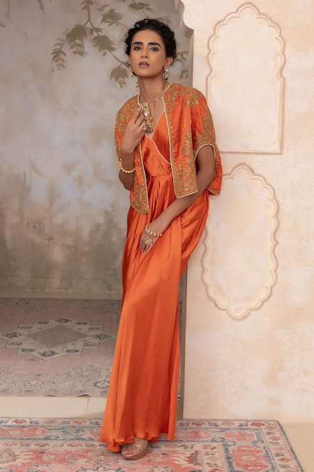 Shop Adi By Aditya Khandelwl Orange Silk, Satin Zari, Embroidery V-, Open Burnt Hand Kurta Set Online at Aza Fashions Shop_Adi By Aditya Khandelwl_Orange Silk, Satin Zari, Embroidery V-, Open Burnt Hand Kurta Set _Online_at_Aza_Fashions