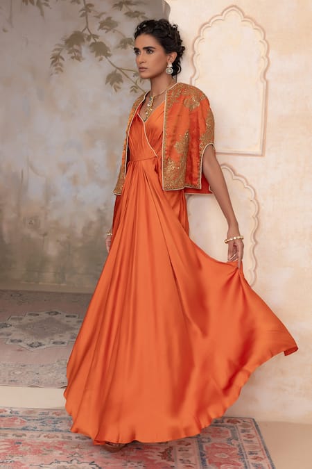 Adi By Aditya Khandelwl Orange Silk, Satin Zari, Embroidery V-, Open Burnt Hand Kurta Set at Aza Fashions Adi By Aditya Khandelwl_Orange Silk, Satin Zari, Embroidery V-, Open Burnt Hand Kurta Set _at_Aza_Fashions