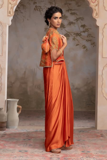Buy Adi By Aditya Khandelwl Orange Silk, Satin Zari, Embroidery V-, Open Burnt Hand Kurta Set Buy_Adi By Aditya Khandelwl_Orange Silk, Satin Zari, Embroidery V-, Open Burnt Hand Kurta Set