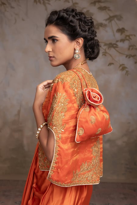 Shop Adi By Aditya Khandelwl Orange Silk, Satin Zari, Embroidery V-, Open Burnt Hand Kurta Set Shop_Adi By Aditya Khandelwl_Orange Silk, Satin Zari, Embroidery V-, Open Burnt Hand Kurta Set