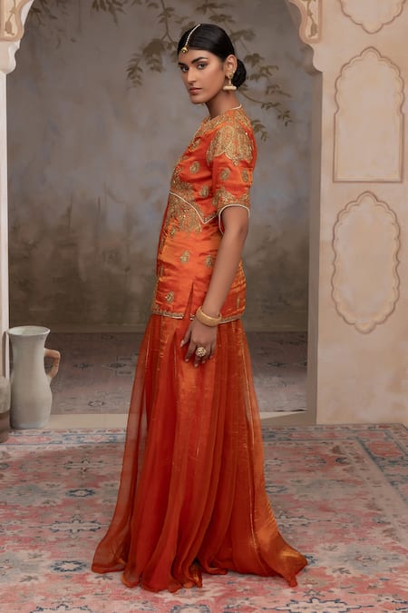 Buy Adi By Aditya Khandelwl Orange Silk Embroidery V-neck Burnt Hand Kurta Set Online at Aza Fashions Buy_Adi By Aditya Khandelwl_Orange Silk Embroidery V-neck Burnt Hand Kurta Set _Online_at_Aza_Fashions