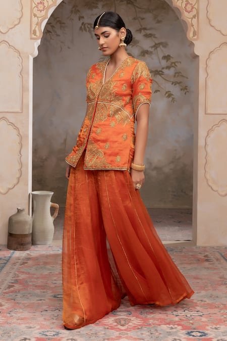 Shop Adi By Aditya Khandelwl Orange Silk Embroidery V-neck Burnt Hand Kurta Set Online at Aza Fashions Shop_Adi By Aditya Khandelwl_Orange Silk Embroidery V-neck Burnt Hand Kurta Set _Online_at_Aza_Fashions