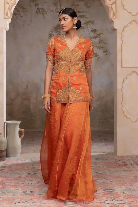 Adi By Aditya Khandelwl Orange Silk Embroidery V-neck Burnt Hand Kurta Set at Aza Fashions Adi By Aditya Khandelwl_Orange Silk Embroidery V-neck Burnt Hand Kurta Set _at_Aza_Fashions