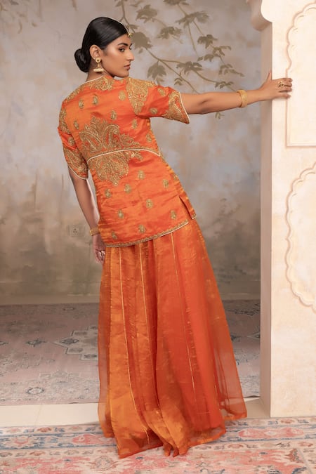 Buy Adi By Aditya Khandelwl Orange Silk Embroidery V-neck Burnt Hand Kurta Set Buy_Adi By Aditya Khandelwl_Orange Silk Embroidery V-neck Burnt Hand Kurta Set