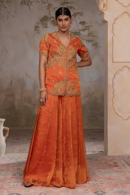 Adi By Aditya Khandelwl Orange Silk Embroidery V-neck Burnt Hand Kurta Set 