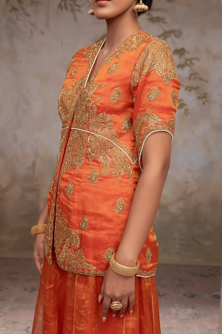 Shop Adi By Aditya Khandelwl Orange Silk Embroidery V-neck Burnt Hand Kurta Set Shop_Adi By Aditya Khandelwl_Orange Silk Embroidery V-neck Burnt Hand Kurta Set