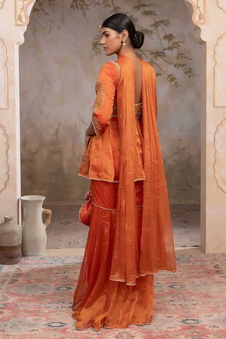 Adi By Aditya Khandelwl Burnt Orange Peplum Kurta Sharara Set 