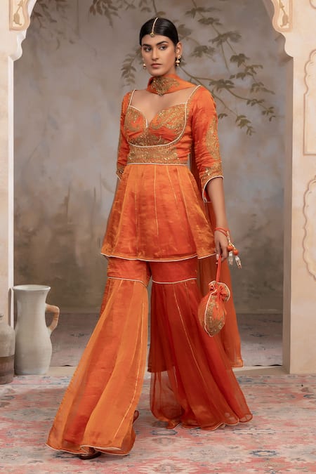 Buy Adi By Aditya Khandelwl Orange Silk Embroidery, Zari Sweetheart Neck Burnt Peplum Kurta Sharara Set Online at Aza Fashions Buy_Adi By Aditya Khandelwl_Orange Silk Embroidery, Zari Sweetheart Neck Burnt Peplum Kurta Sharara Set _Online_at_Aza_Fashions